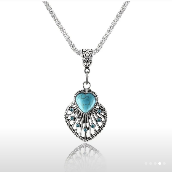 Boho Set Hollow Leaf Shaped Inlay Heart Shape Stone Pendant Necklace & Hook Drop - Picture 5 of 6